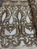 Gold Sequins Lace Fabric On Nude Mesh, DAMASK Design Embroidered On a Mesh 4 way Stretch Sequin By The Yard -Prom-Gown ( Choose The Size )
