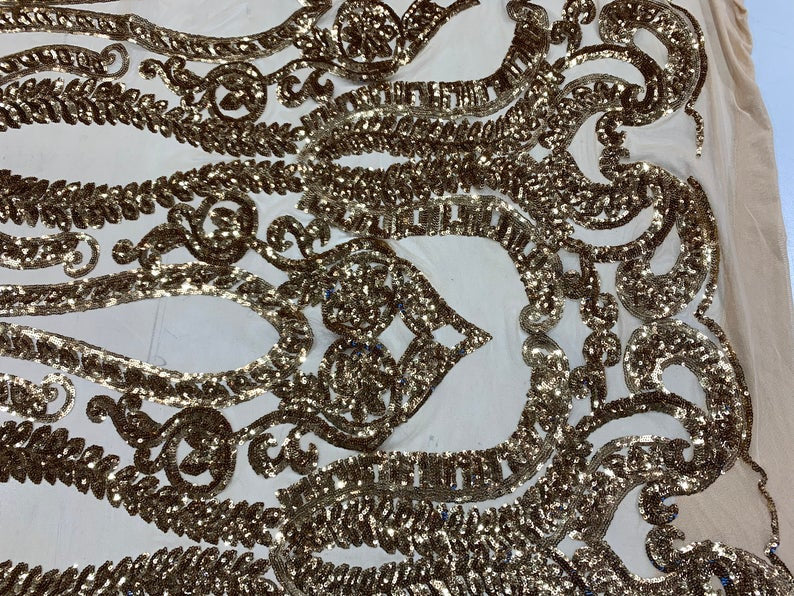 Gold Sequins Lace Fabric On Nude Mesh, DAMASK Design Embroidered On a Mesh 4 way Stretch Sequin By The Yard -Prom-Gown ( Choose The Size )