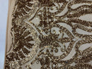 Gold Sequins Lace Fabric On Nude Mesh, DAMASK Design Embroidered On a Mesh 4 way Stretch Sequin By The Yard -Prom-Gown ( Choose The Size )