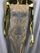 Matte Silver Sequins Lace Fabric On Nude Mesh, DAMASK Design Embroidered On 4 way Stretch Sequin By The Yard -Prom-Gown ( Choose The Size )