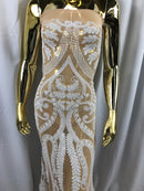 White Sequins Lace Fabric On Nude Mesh, DAMASK Design Embroidered On 4 way Stretch Sequin By The Yard -Prom-Gown ( Choose The Size )
