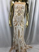 White Sequins Lace Fabric On Nude Mesh, DAMASK Design Embroidered On 4 way Stretch Sequin By The Yard -Prom-Gown ( Choose The Size )