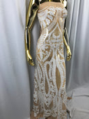 White Sequins Lace Fabric On Nude Mesh, DAMASK Design Embroidered On 4 way Stretch Sequin By The Yard -Prom-Gown ( Choose The Size )