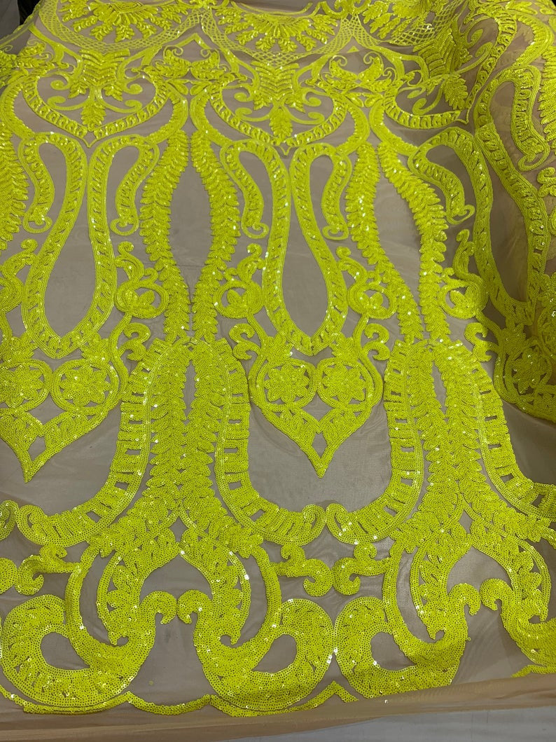 Yellow Sequins Lace Fabric On Nude Mesh, DAMASK Design Embroidered On 4 way Stretch Sequin By The Yard -Prom-Gown ( Choose The Size )