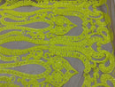 Yellow Sequins Lace Fabric On Nude Mesh, DAMASK Design Embroidered On 4 way Stretch Sequin By The Yard -Prom-Gown ( Choose The Size )