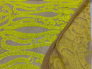Yellow Sequins Lace Fabric On Nude Mesh, DAMASK Design Embroidered On 4 way Stretch Sequin By The Yard -Prom-Gown ( Choose The Size )