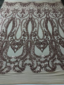 Rose Gold Sequins Lace Fabric On Nude Mesh, DAMASK Design Embroidered On 4 way Stretch Sequin By The Yard -Prom-Gown ( Choose The Size )