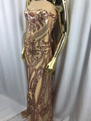 Rose Gold Sequins Lace Fabric On Nude Mesh, DAMASK Design Embroidered On 4 way Stretch Sequin By The Yard -Prom-Gown ( Choose The Size )