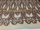 Rose Gold Sequins Lace Fabric On Nude Mesh, DAMASK Design Embroidered On 4 way Stretch Sequin By The Yard -Prom-Gown ( Choose The Size )