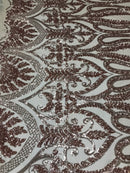 Rose Gold Sequins Lace Fabric On Nude Mesh, DAMASK Design Embroidered On 4 way Stretch Sequin By The Yard -Prom-Gown ( Choose The Size )