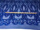 Royal Blue Sequins Lace Fabric On a Mesh, DAMASK Design Embroidered On 4 way Stretch Sequin By The Yard -Prom-Gown ( Choose The Size )