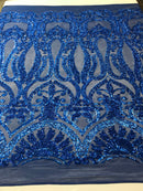 Royal Blue Sequins Lace Fabric On a Mesh, DAMASK Design Embroidered On 4 way Stretch Sequin By The Yard -Prom-Gown ( Choose The Size )
