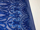 Royal Blue Sequins Lace Fabric On a Mesh, DAMASK Design Embroidered On 4 way Stretch Sequin By The Yard -Prom-Gown ( Choose The Size )