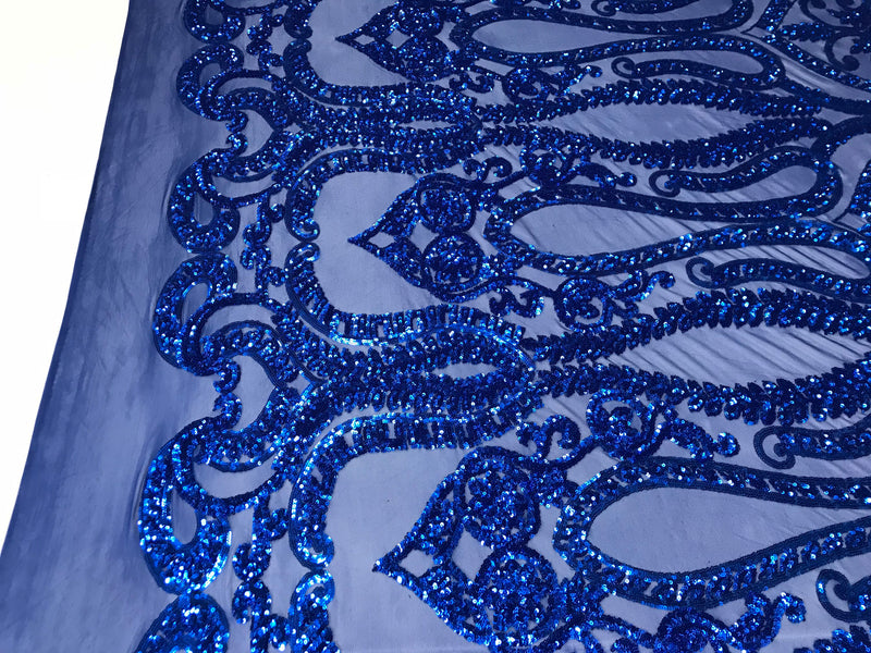 Royal Blue Sequins Lace Fabric On a Mesh, DAMASK Design Embroidered On 4 way Stretch Sequin By The Yard -Prom-Gown ( Choose The Size )