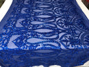 Royal Blue Sequins Lace Fabric On a Mesh, DAMASK Design Embroidered On 4 way Stretch Sequin By The Yard -Prom-Gown ( Choose The Size )