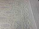 White Sequins Lace Fabric On a Mesh, DAMASK Design Embroidered On 4 way Stretch Sequin By The Yard -Prom-Gown ( Choose The Size )