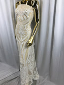 White Sequins Lace Fabric On a Mesh, DAMASK Design Embroidered On 4 way Stretch Sequin By The Yard -Prom-Gown ( Choose The Size )