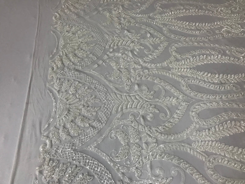 White Sequins Lace Fabric On a Mesh, DAMASK Design Embroidered On 4 way Stretch Sequin By The Yard -Prom-Gown ( Choose The Size )