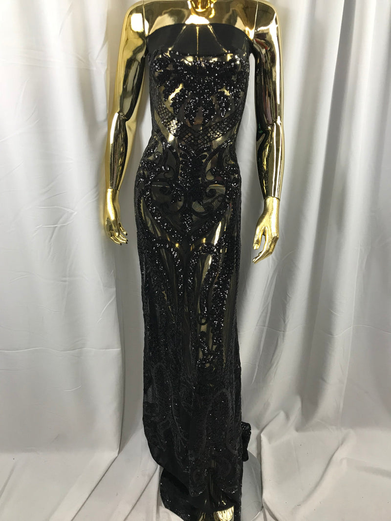 Black Sequins Lace Fabric On a Mesh, DAMASK Design Embroidered On 4 way Stretch Sequin By The Yard -Prom-Gown ( Choose The Size )