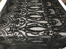 Black Sequins Lace Fabric On a Mesh, DAMASK Design Embroidered On 4 way Stretch Sequin By The Yard -Prom-Gown ( Choose The Size )