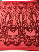 Red Sequins Lace Fabric On a Mesh, DAMASK Design Embroidered On 4 way Stretch Sequin By The Yard -Prom-Gown ( Choose The Size )