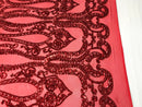 Red Sequins Lace Fabric On a Mesh, DAMASK Design Embroidered On 4 way Stretch Sequin By The Yard -Prom-Gown ( Choose The Size )