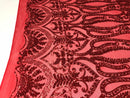 Red Sequins Lace Fabric On a Mesh, DAMASK Design Embroidered On 4 way Stretch Sequin By The Yard -Prom-Gown ( Choose The Size )