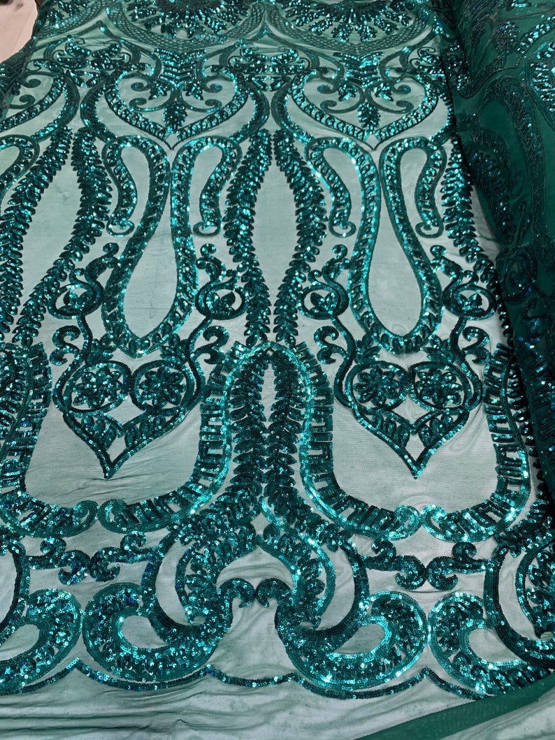 Jade Green Sequins Lace Fabric On a Mesh, DAMASK Design Embroidered On 4 way Stretch Sequin By The Yard -Prom-Gown ( Choose The Size )