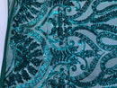 Jade Green Sequins Lace Fabric On a Mesh, DAMASK Design Embroidered On 4 way Stretch Sequin By The Yard -Prom-Gown ( Choose The Size )