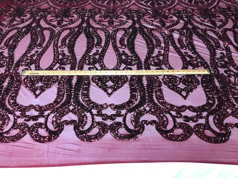 Burgundy Sequins Lace Fabric On a Mesh, DAMASK Design Embroidered On 4 way Stretch Sequin By The Yard -Prom-Gown ( Choose The Size )