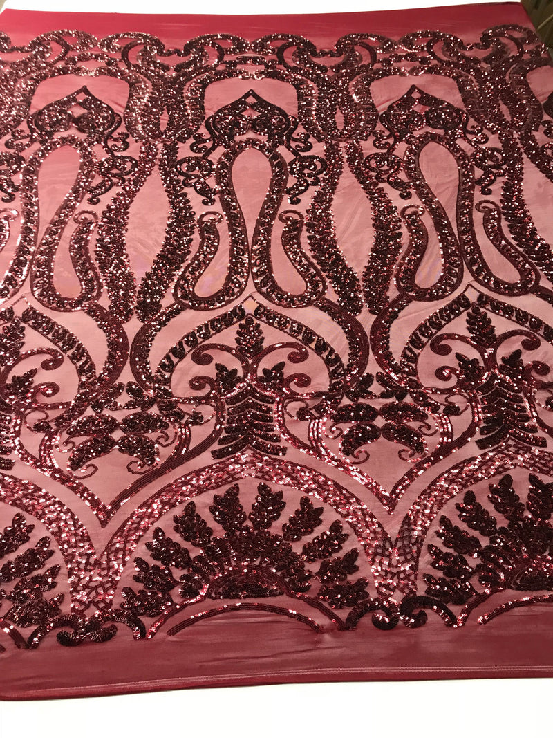 Burgundy Sequins Lace Fabric On a Mesh, DAMASK Design Embroidered On 4 way Stretch Sequin By The Yard -Prom-Gown ( Choose The Size )