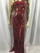 Burgundy Sequins Lace Fabric On a Mesh, DAMASK Design Embroidered On 4 way Stretch Sequin By The Yard -Prom-Gown ( Choose The Size )