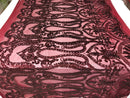 Burgundy Sequins Lace Fabric On a Mesh, DAMASK Design Embroidered On 4 way Stretch Sequin By The Yard -Prom-Gown ( Choose The Size )