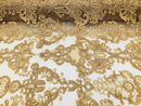 Gold Lace Fabric, Corded Flower Embroidery With Sequins on a Mesh Lace Fabric By The Yard For Gown, Wedding-Bridal-Dress