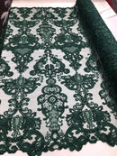 Hunter Green Lace Fabric, Corded Flower Embroidery With Sequins on a Mesh Lace Fabric By The Yard For Gown, Wedding-Bridal-Dress