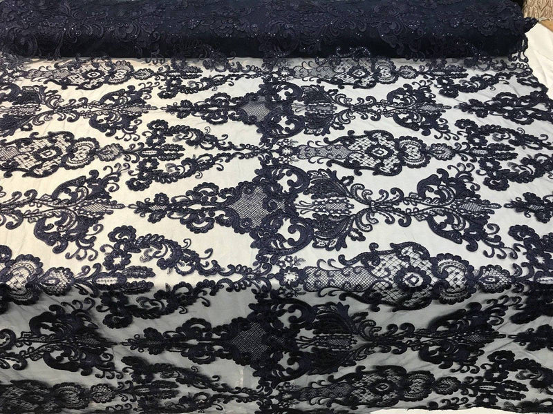Navy Lace Fabric, Corded Flower Embroidery With Sequins on a Mesh Lace Fabric By The Yard For Gown, Wedding-Bridal-Dress