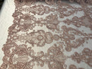 Dusty Rose Fabric, Corded Flower Embroidery With Sequins on a Mesh Lace Fabric By The Yard For Gown, Wedding-Bridal-Dress