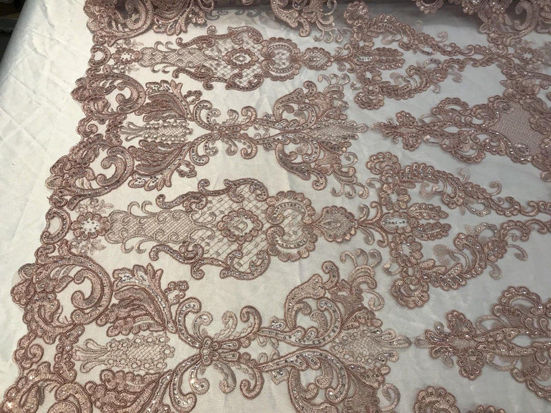 Dusty Rose Fabric, Corded Flower Embroidery With Sequins on a Mesh Lace Fabric By The Yard For Gown, Wedding-Bridal-Dress