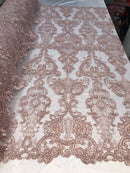 Dusty Rose Fabric, Corded Flower Embroidery With Sequins on a Mesh Lace Fabric By The Yard For Gown, Wedding-Bridal-Dress