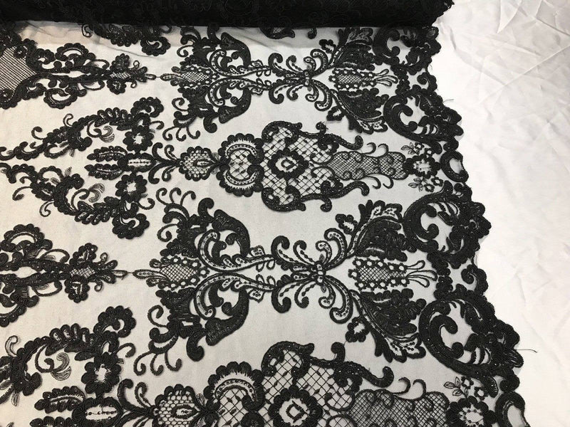 Black Fabric, Corded Flower Embroidery With Sequins on a Mesh Lace Fabric By The Yard For Gown, Wedding-Bridal-Dress