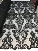 Black Fabric, Corded Flower Embroidery With Sequins on a Mesh Lace Fabric By The Yard For Gown, Wedding-Bridal-Dress