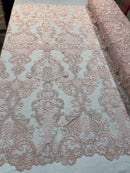 Pink Fabric, Corded Flower Embroidery With Sequins on a Mesh Lace Fabric By The Yard For Gown, Wedding-Bridal-Dress