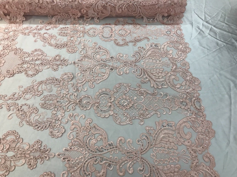 Pink Fabric, Corded Flower Embroidery With Sequins on a Mesh Lace Fabric By The Yard For Gown, Wedding-Bridal-Dress