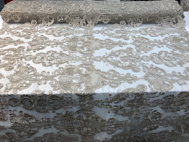 Taupe Lace Fabric, Corded Flower Embroidery With Sequins on a Mesh Lace Fabric By The Yard For Gown, Wedding-Bridal-Dress