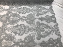 Silver Lace Fabric, Corded Flower Embroidery With Sequins on a Mesh Lace Fabric By The Yard For Gown, Wedding-Bridal-Dress