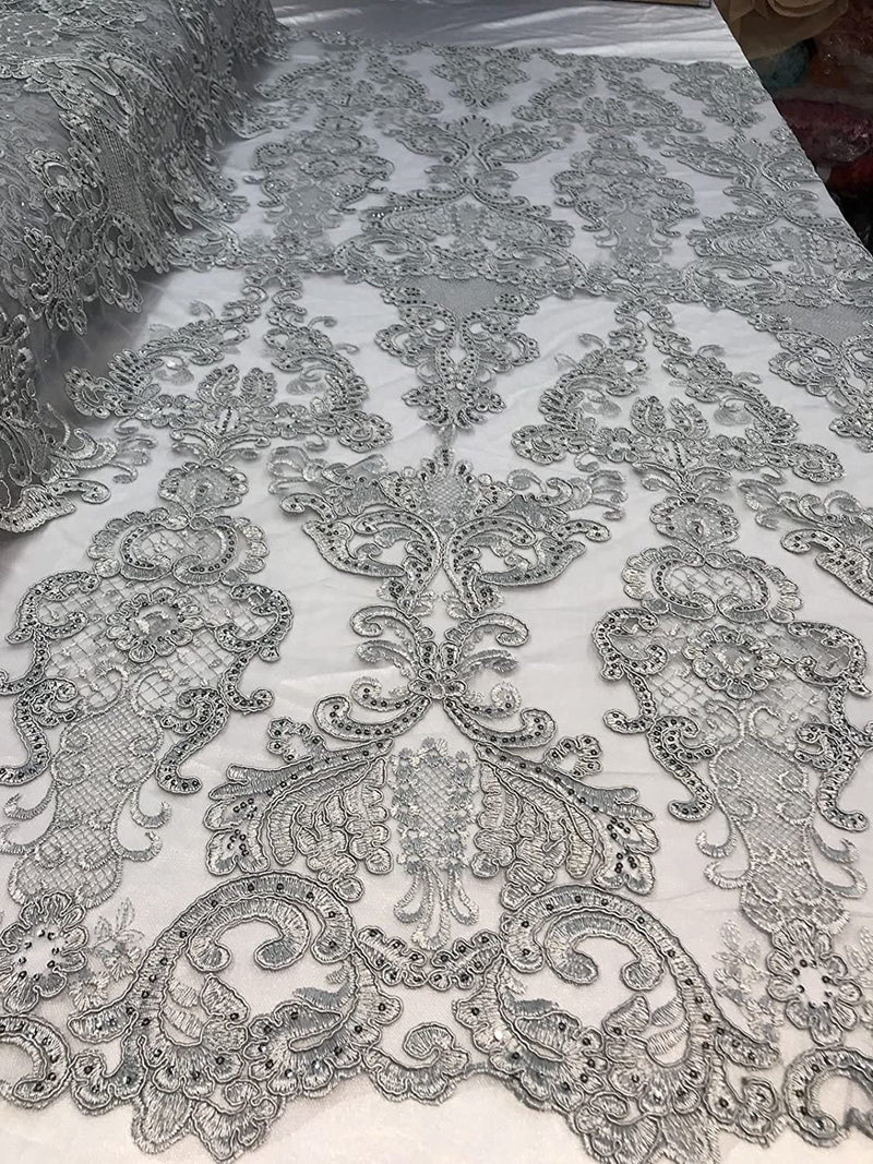 Silver Lace Fabric, Corded Flower Embroidery With Sequins on a Mesh Lace Fabric By The Yard For Gown, Wedding-Bridal-Dress