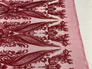 Burgundy Lace Fabric, Corded Flower Embroidery on a Mesh Lace Fabric By The Yard For Gown, Wedding-Bridal-Dress (Choose The Size)