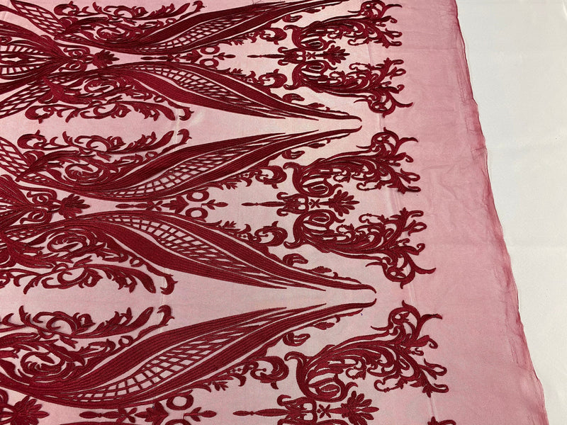 Burgundy Lace Fabric, Corded Flower Embroidery on a Mesh Lace Fabric By The Yard For Gown, Wedding-Bridal-Dress (Choose The Size)