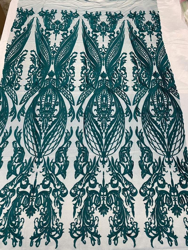 Teal Green Lace Fabric, Corded Lace Embroidery on a Mesh Lace Fabric By The Yard For Gown, Wedding-Bridal-Dress (Choose The Size)