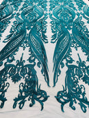 Teal Green Lace Fabric, Corded Lace Embroidery on a Mesh Lace Fabric By The Yard For Gown, Wedding-Bridal-Dress (Choose The Size)